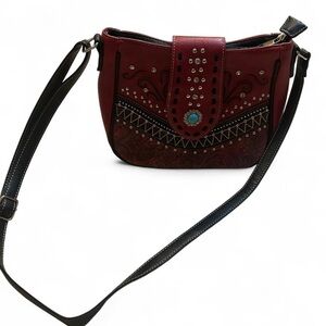 Western-Style Burgundy Faux Leather Crossbody Bag with Turquoise Accent & Studs